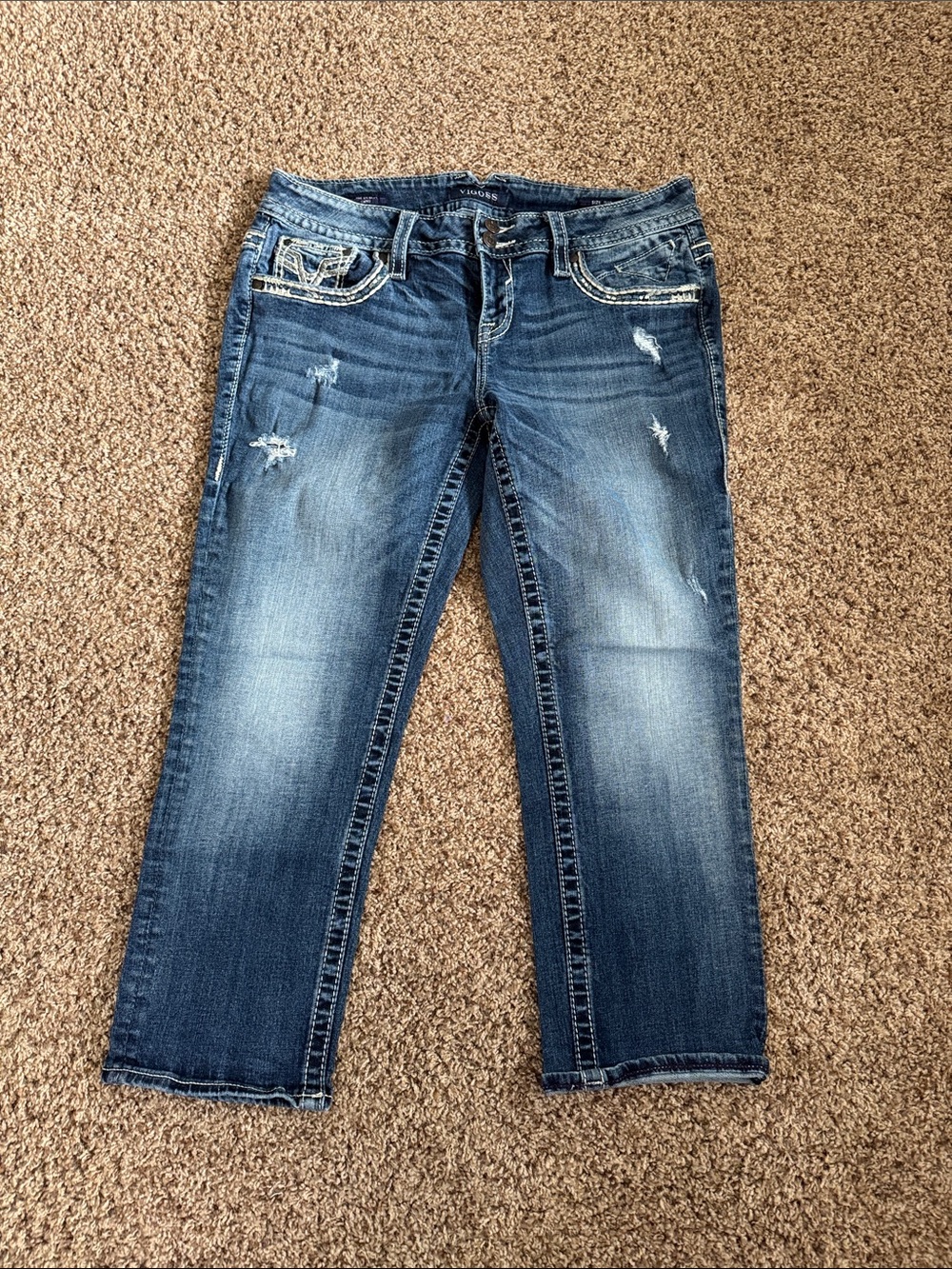 Vigoss Faded Dark Blue Capri Jeans with Distressing